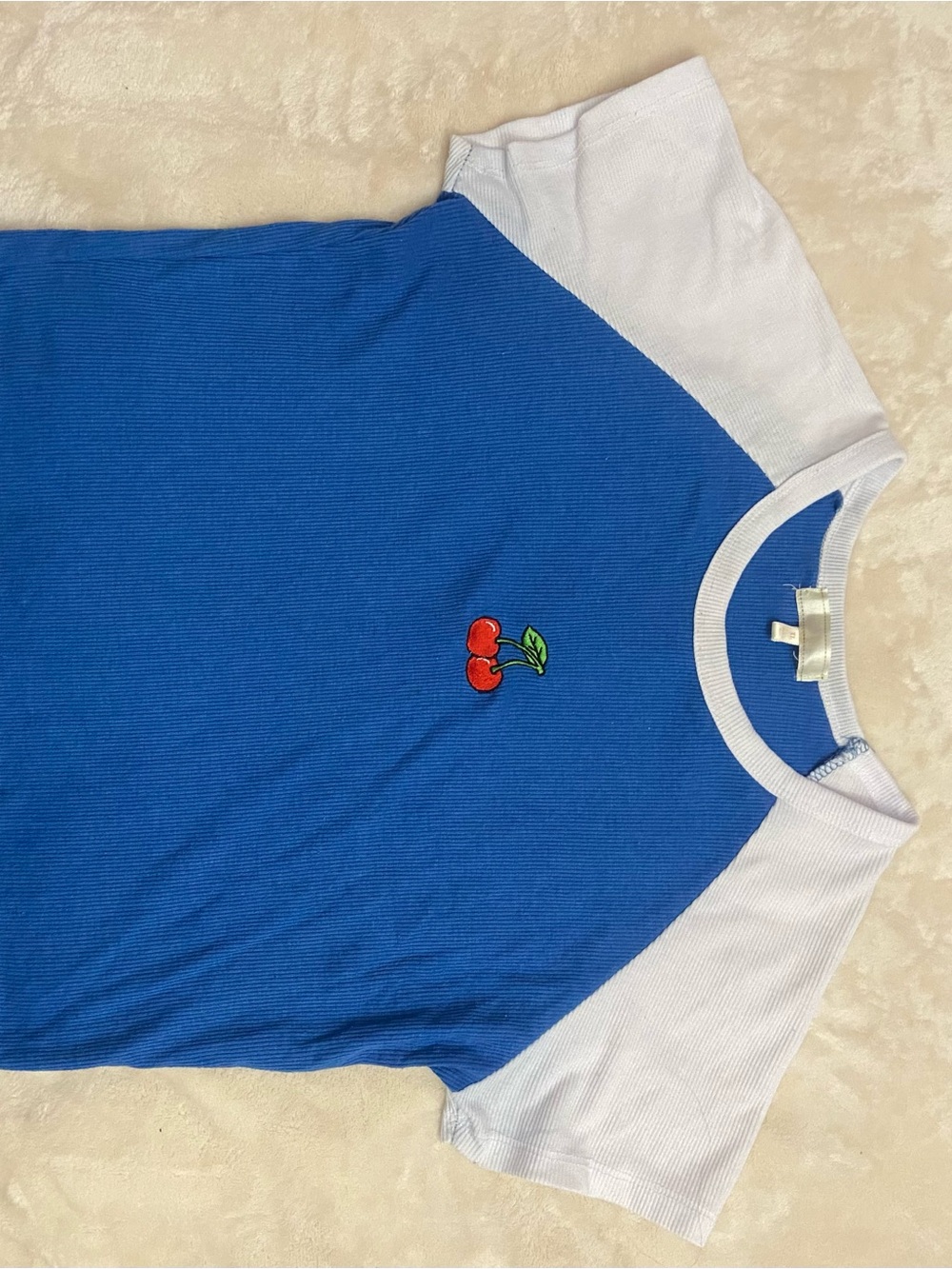 Blue and White Juniors Raglan Tee with Cherry Patch